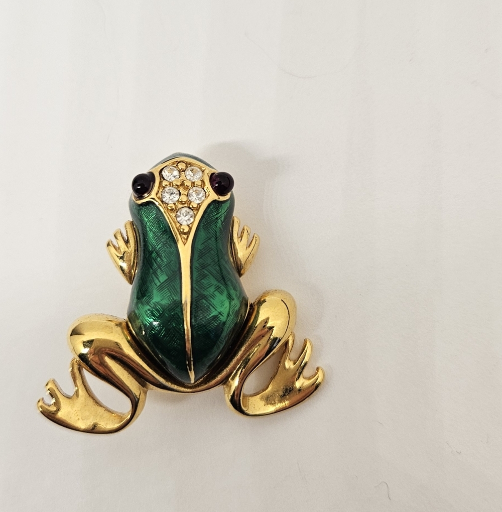 Frog Brooch Pin Green Enamel Clear Rhinestones Crystals Red Eyes Gold Tone VTG